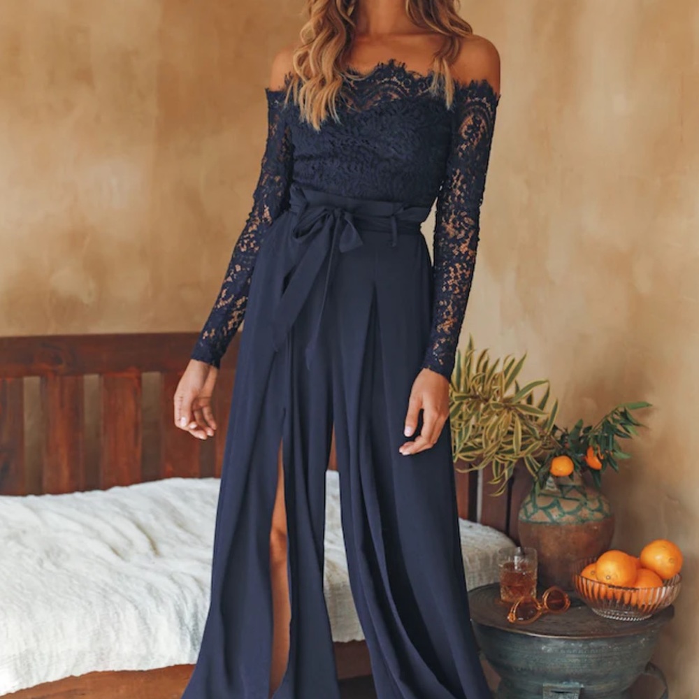 Navy Blue Long Sleeve Lace Jumpsuit